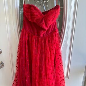 Unique Vintage Red Strapless Tulle Evening Dress